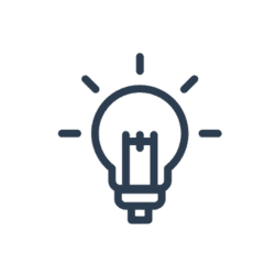 Simple line drawing of a light bulb with rays indicating illumination, symbolizing ideas or innovation.