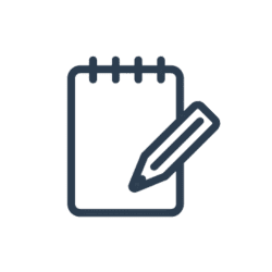 An icon of a notepad with a pencil. The notepad has a spiral binding at the top, and the pencil is positioned diagonally across it.