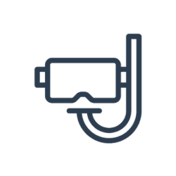 Icon of a snorkel mask with a connected breathing tube, outlined in dark lines on a transparent background.